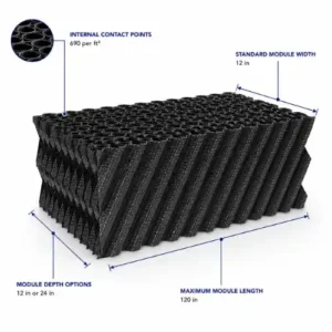 It is engineered for industrial counterflow cooling towers requiring high-efficiency film-fill performance. Product Type: Cross-Corrugated Film Fill Material Composition: Rigid UV-Protected PVC CTI Compliance: CTI STD-136 compliant Material Standard: ASTM D1784:12454B compliant Flute Height: 0.75 in Flute Width: 1.90 in Corrugation Angle: 30° Specific Surface Area: 48 ft²/ft³ Internal Contact Points: 690 per ft³ Standard Module Width: 12 in Module Depth Options: 12 in or 24 in Maximum Module Length: 120 in Standard Sheet Count: 16 sheets per module Sheet Thickness Before Forming: 14 mil / 19 mil Sheet Thickness After Forming: 10 mil / 15 mil Assembly Method: Male/Female bonded joint construction