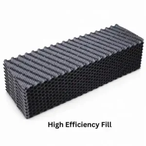 It is engineered for HVAC and industrial cooling towers operating with clean, treated process water. Product Type: High Efficiency Cross Corrugated Film Fill Tower Compatibility: HVAC and Industrial Cooling Towers Water Quality Requirement: Total Suspended Solids (TSS) below 25 ppm Flute Spacing Range: 0.47 in to 0.75 in (12 mm to 19 mm) Specific Surface Area: 48 ft²/ft³ to 69 ft²/ft³ Void Volume Capacity: 96% to 98% open area Material Options: PVC, High-Temperature PVC (HPVC), Polypropylene (PP) PVC Temperature Limit: Up to 140°F (60°C) HPVC Temperature Limit: Up to 160°F–170°F (71°C–77°C) Polypropylene Temperature Limit: Up to 176°F (80°C) Material Thickness Options: 10 mil (0.25 mm) 15 mil (0.38 mm) Material Compliance: CTI Standard 136 compliant Fire Protection: Flame Spread Index below 25 (ASTM E84)