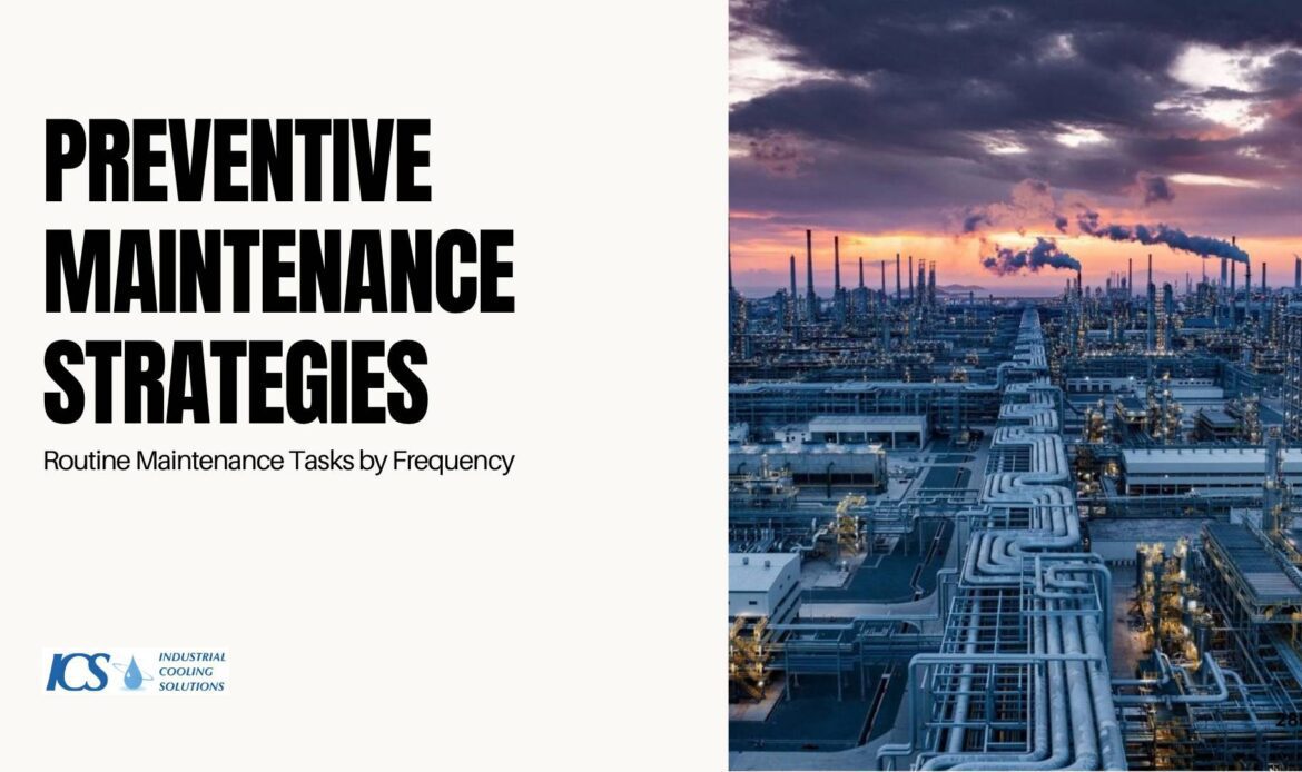 Industrial cooling plant at sunset alongside text about preventive maintenance strategies and routine tasks by frequency.