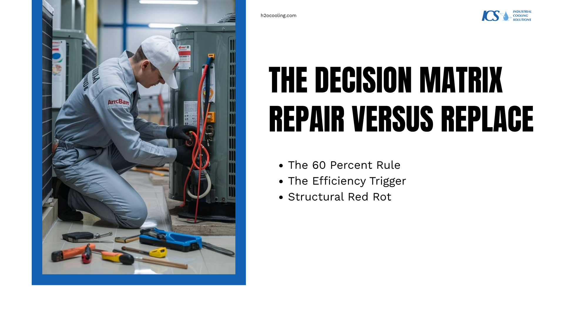 A decision-making presentation slide titled 'The Decision Matrix: Repair Versus Replace' listing key criteria like the 60 percent rule, the efficiency trigger, and structural red rot to help facility managers evaluate full cooling tower replacement cost versus component repair.