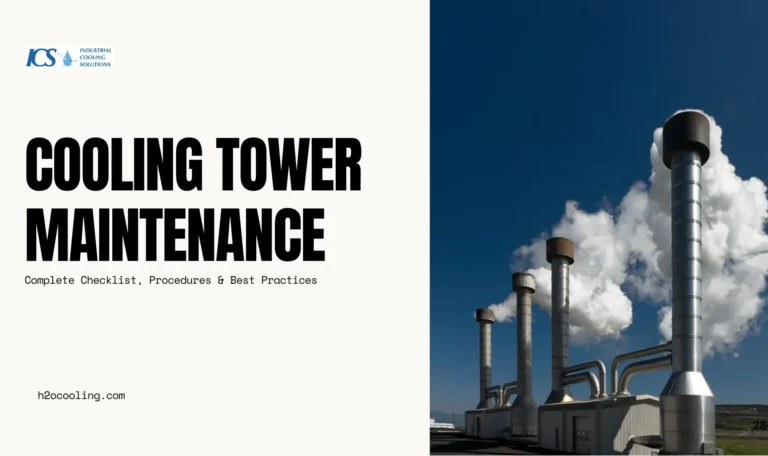 Title slide for "Cooling Tower Maintenance" next to a photograph of vertical industrial smokestacks releasing steam.
