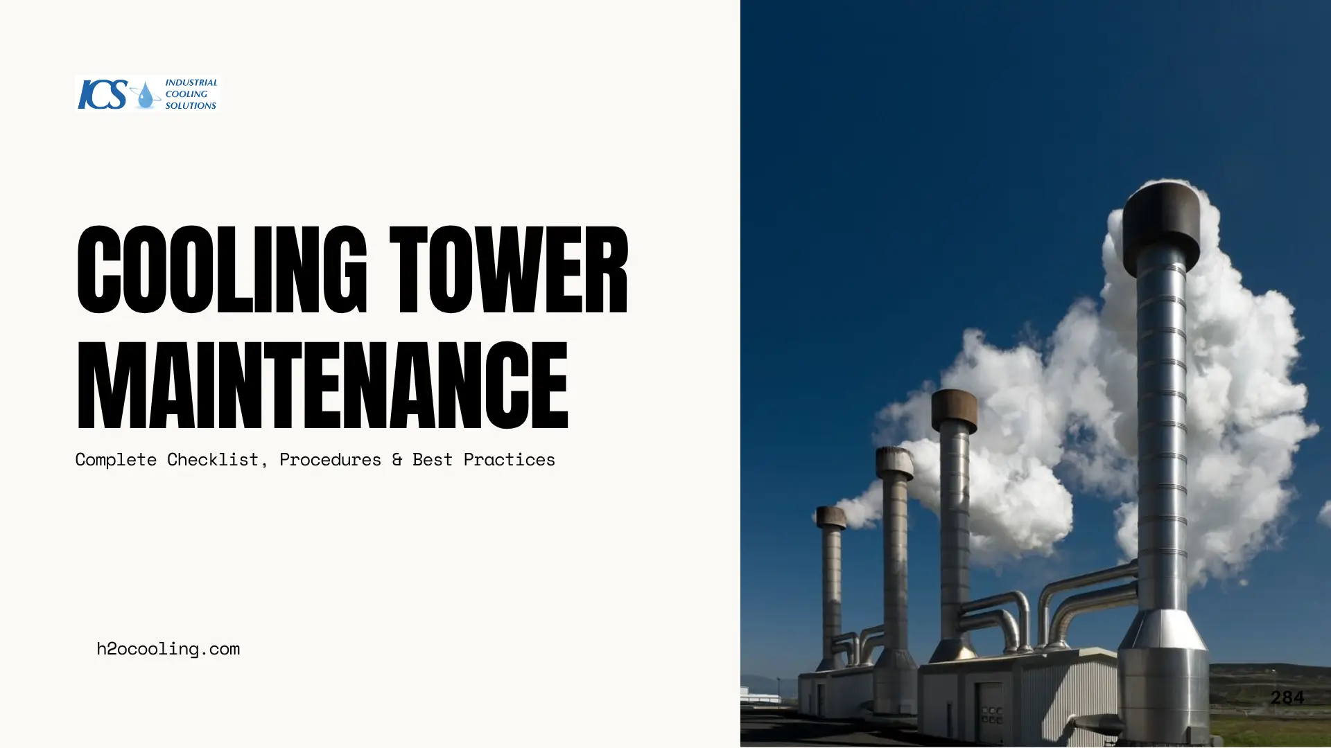 Title slide for "Cooling Tower Maintenance" next to a photograph of vertical industrial smokestacks releasing steam.