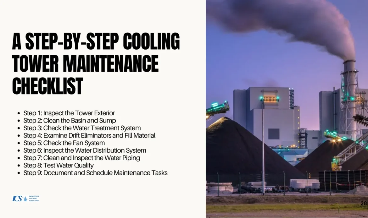 "A Step-by-Step Cooling Tower Maintenance Checklist" with listed steps next to an industrial plant image.