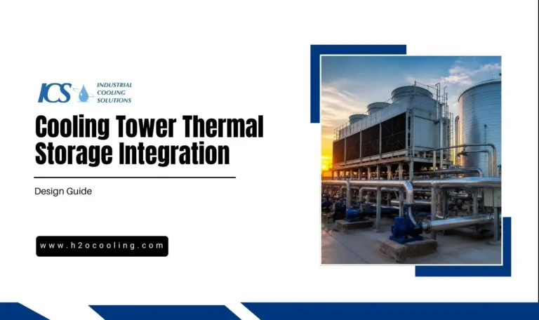 A presentation slide titled “Cooling Tower Thermal Storage Integration” features the ICS logo, a website link, and a photo of large industrial cooling towers and pipes at sunset.