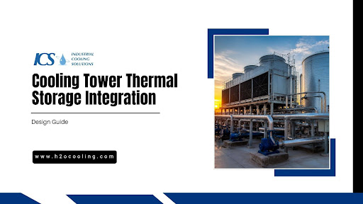 A presentation slide titled “Cooling Tower Thermal Storage Integration” features the ICS logo, a website link, and a photo of large industrial cooling towers and pipes at sunset.